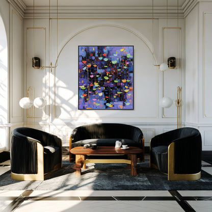 Abstract Expressionist painting dramatically anchors an elegant room with black velvet chairs, gold trim, and arched architectural details.