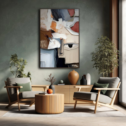 Original abstract art pops against the room's green textured wall, its warm orange and earth tones echoing the mid-century modern wood furniture.