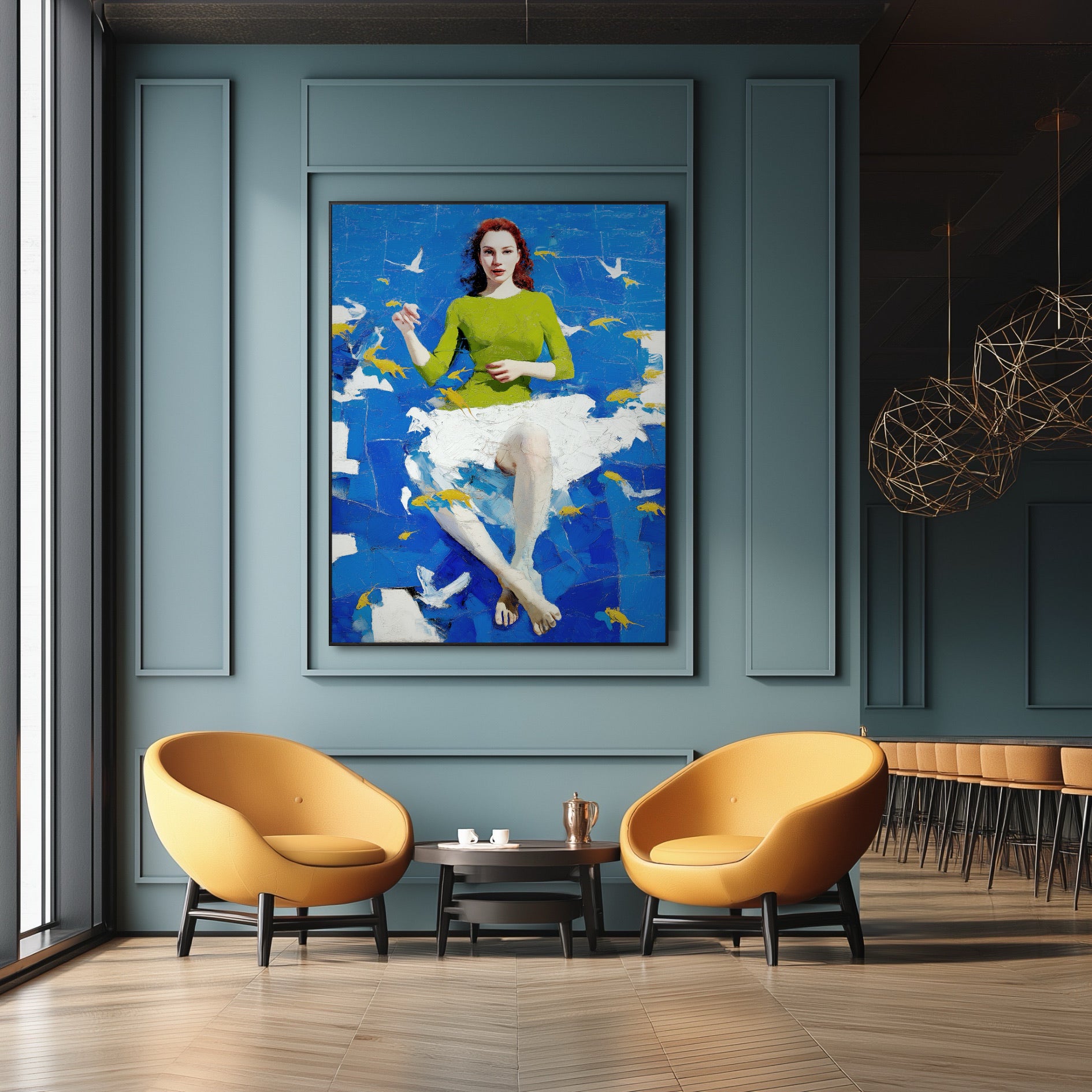 Vibrant artwork of a woman and fish, commanding attention in a chic contemporary cafe/lounge; complements mustard chairs and a sleek, dark interior.