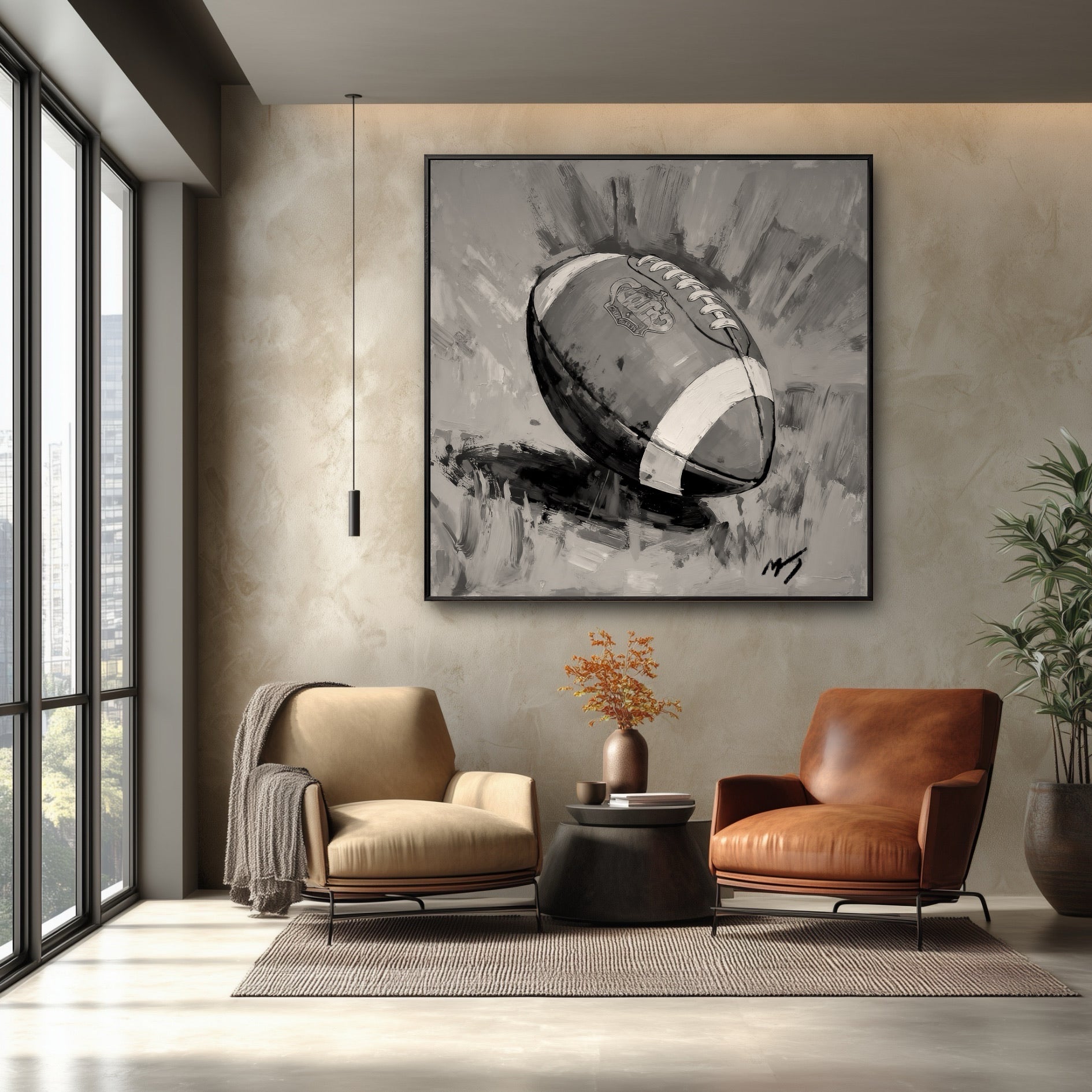 Large framed football painting in a modern room with two leather armchairs and large floor-to-ceiling windows.