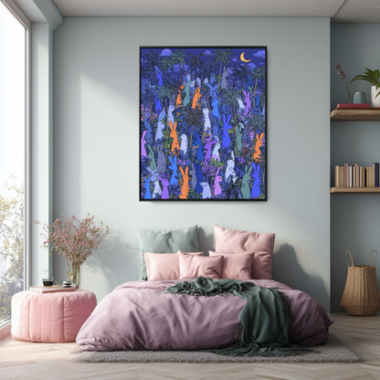 Vibrant jungle rabbit art creates a bold, dark contrast over light blue and pastel pink bedding in this bright, contemporary bedroom.