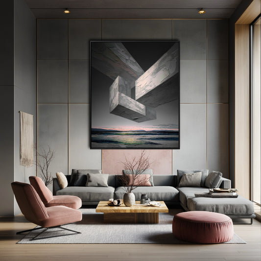 Original surrealist abstract artwork complementing the gray and pink modern living room; a bold statement piece over the large sectional and velvet chairs.