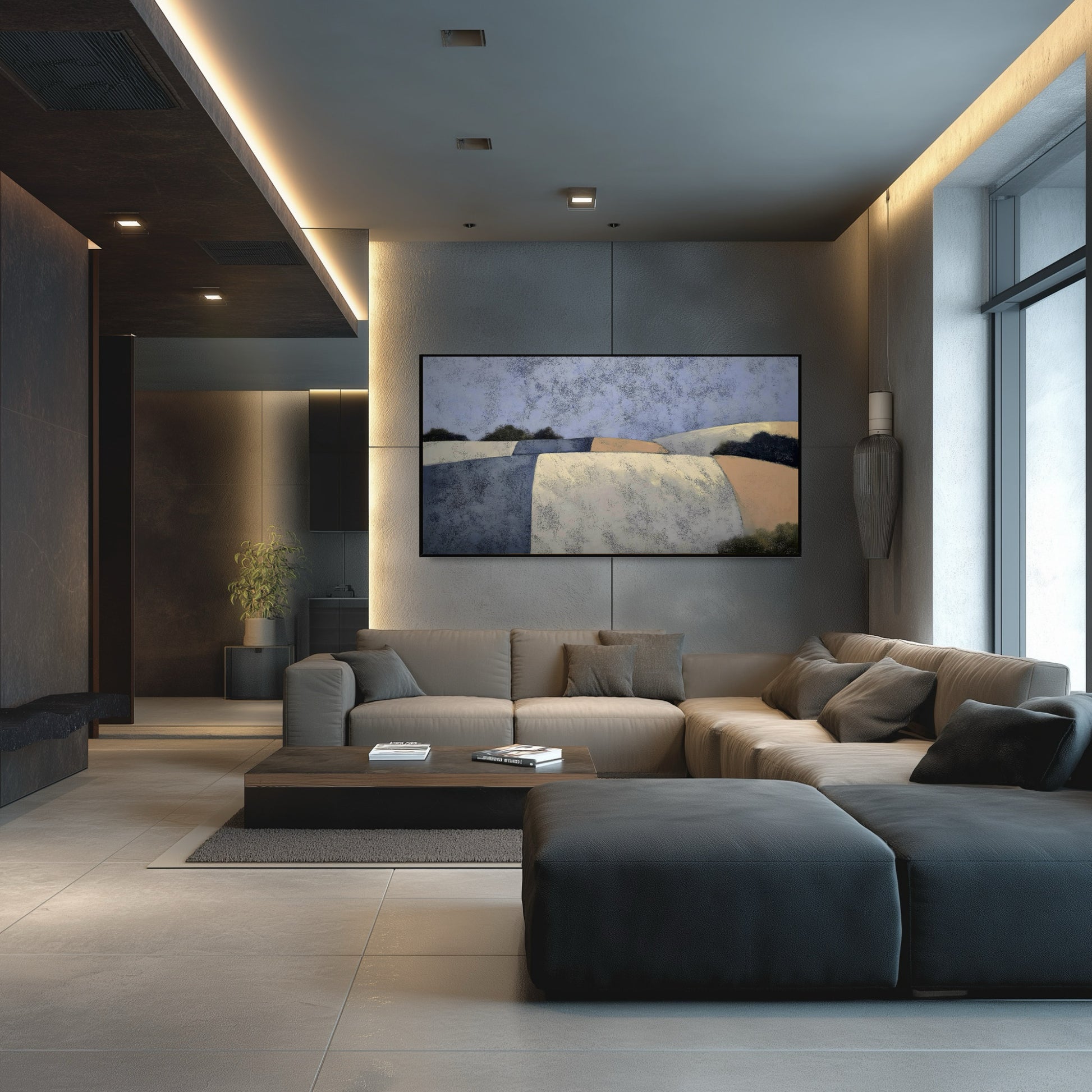 Original abstract fields painting above a large sectional sofa. Modern, dark, luxurious living room decor with cool, integrated lighting.