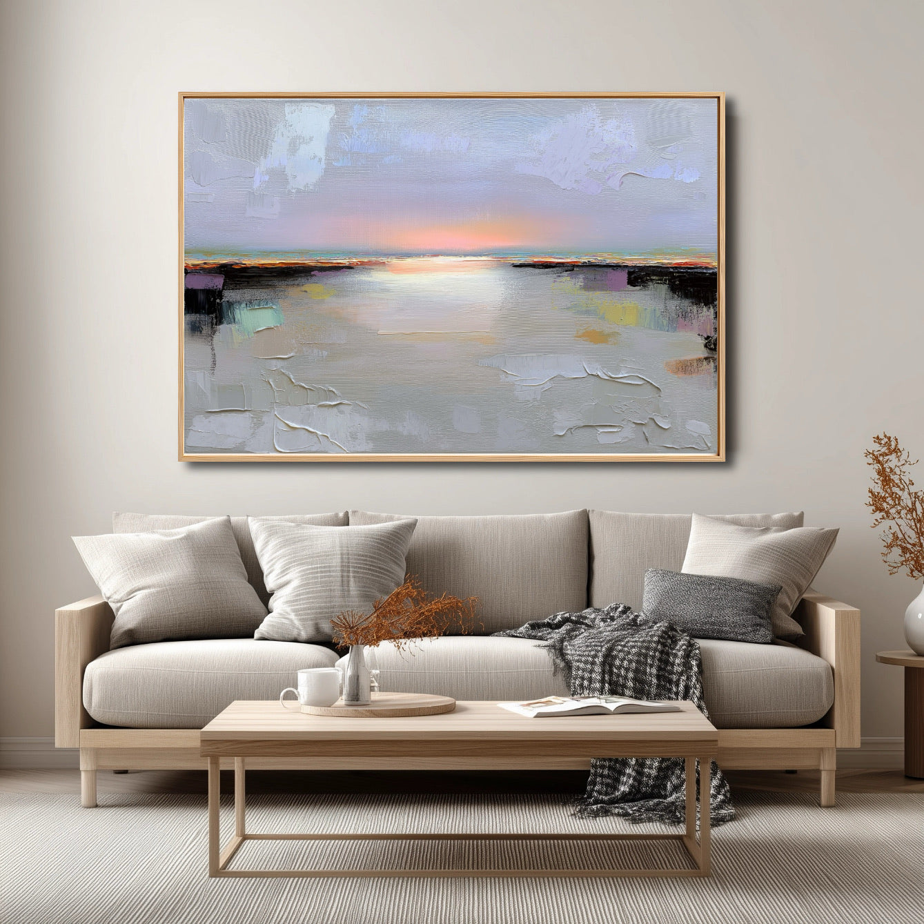 Living room with a beige sectional sofa, wooden coffee table, and abstract painting on the wall.