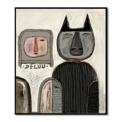 Abstract artwork with two stylized faces on a beige background