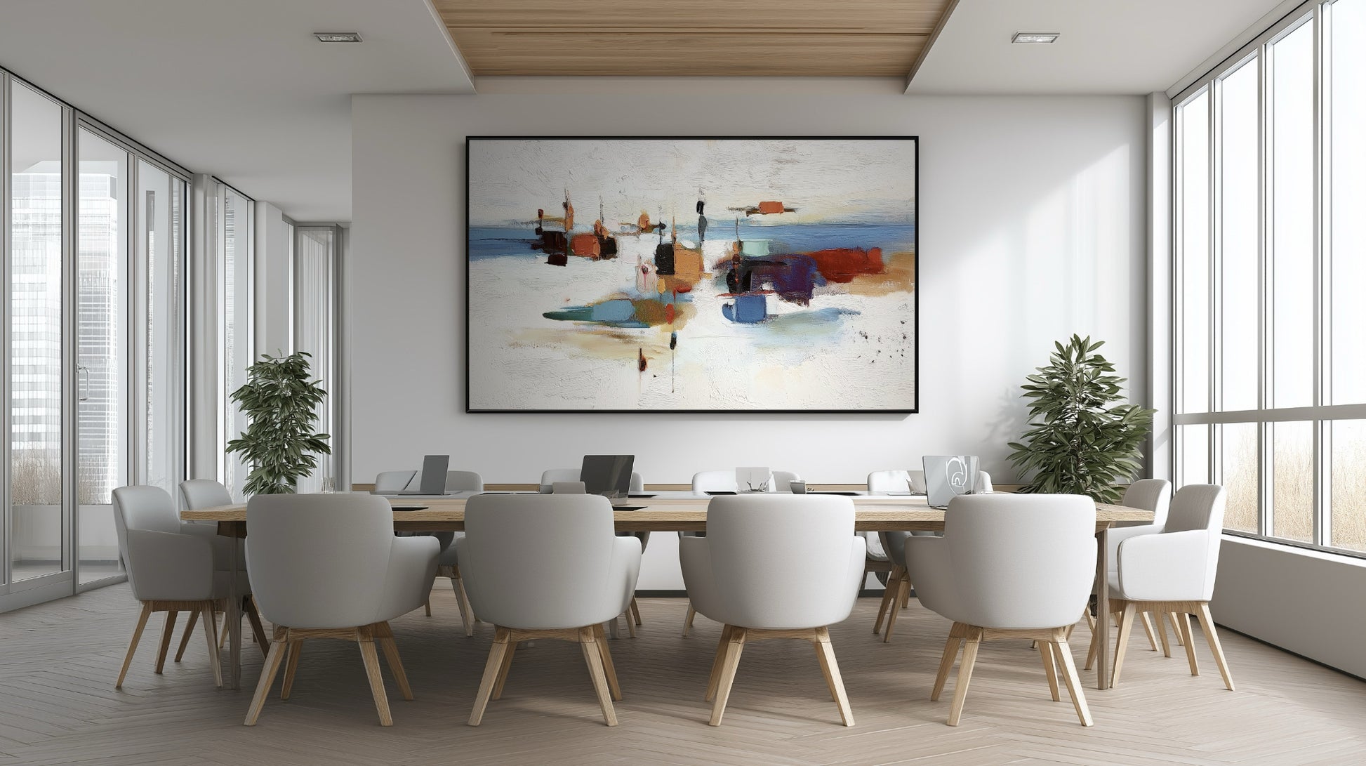 Dynamic abstract art adding high-contrast color and energy to a modern boardroom, setting a vibrant tone for the corporate space.