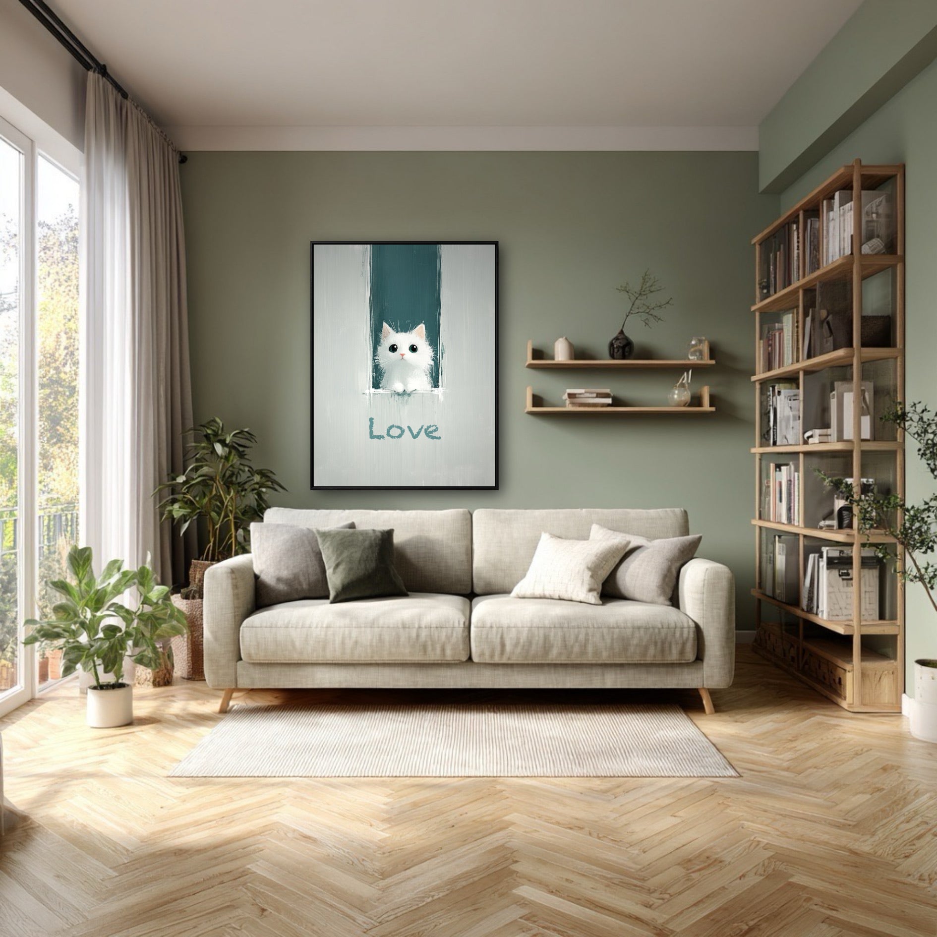 The minimalist cat painting's cool teal tones beautifully complement the warm, sage green walls in a modern, natural living room.