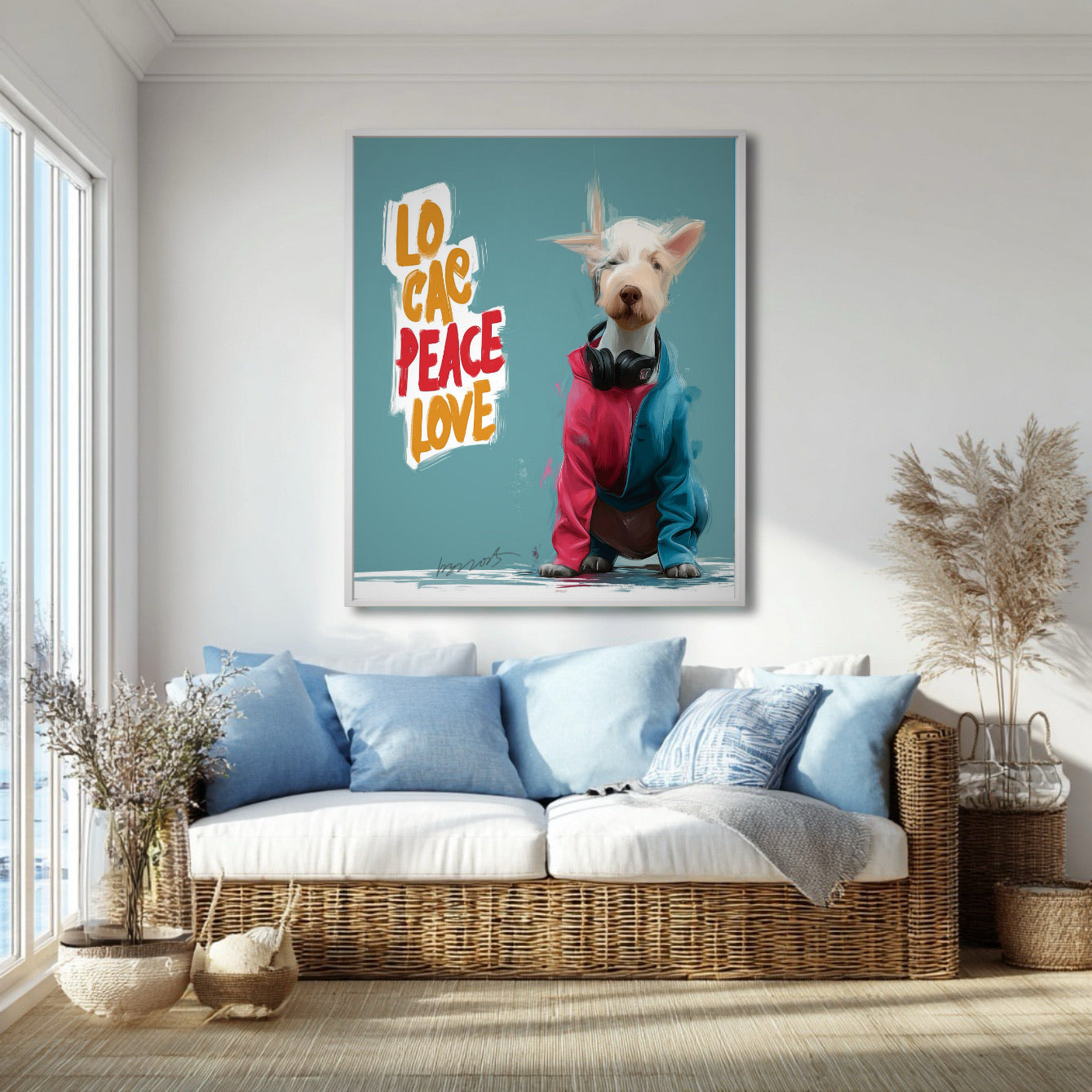 Vibrant dog art provides a cool accent in a sunlit coastal living room with wicker sofa and blue pillows. Relaxed, breezy vibe.