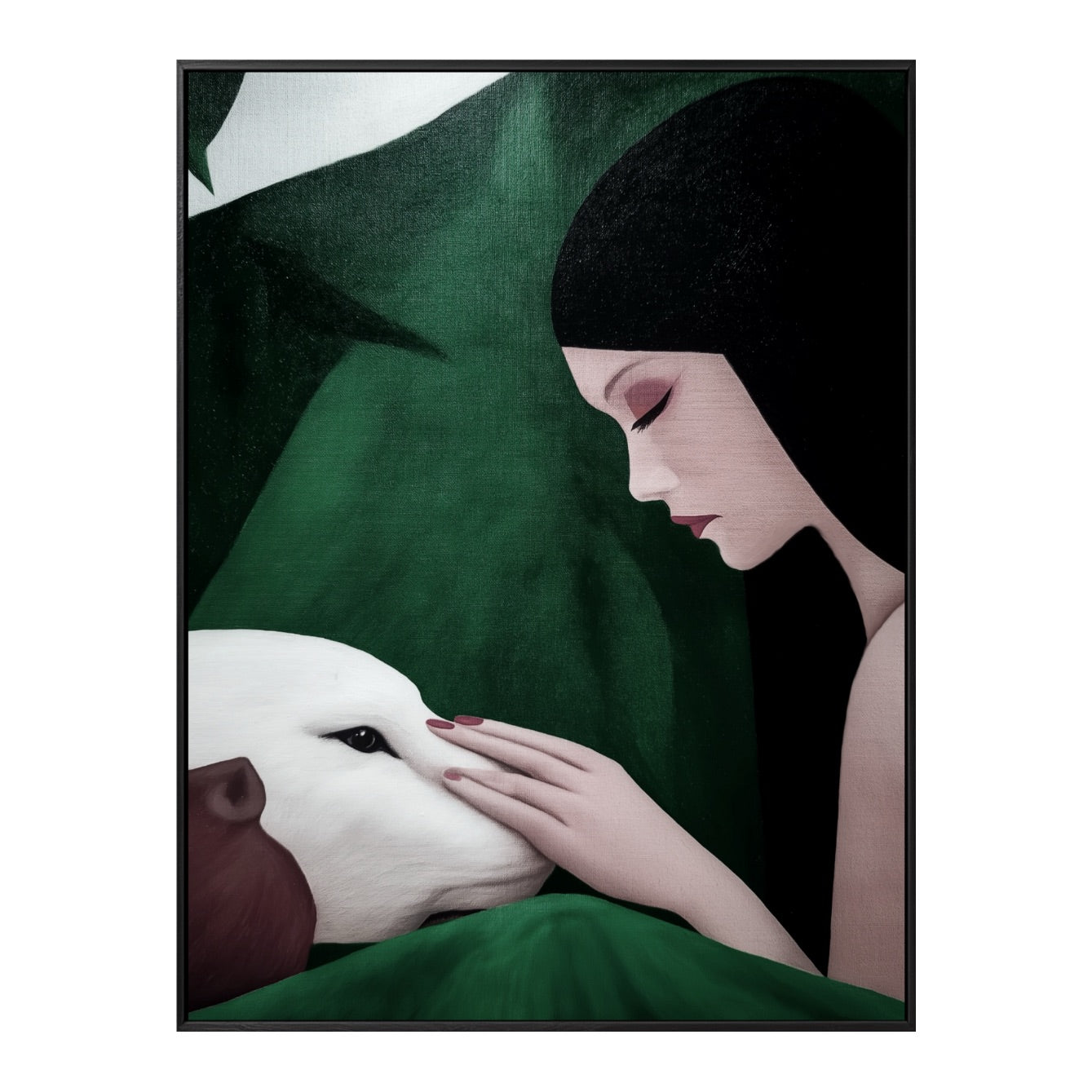 A cozy realistic hand-drawn oil painting: a vertical people pet in detailed strokes, cold, and green tones.	