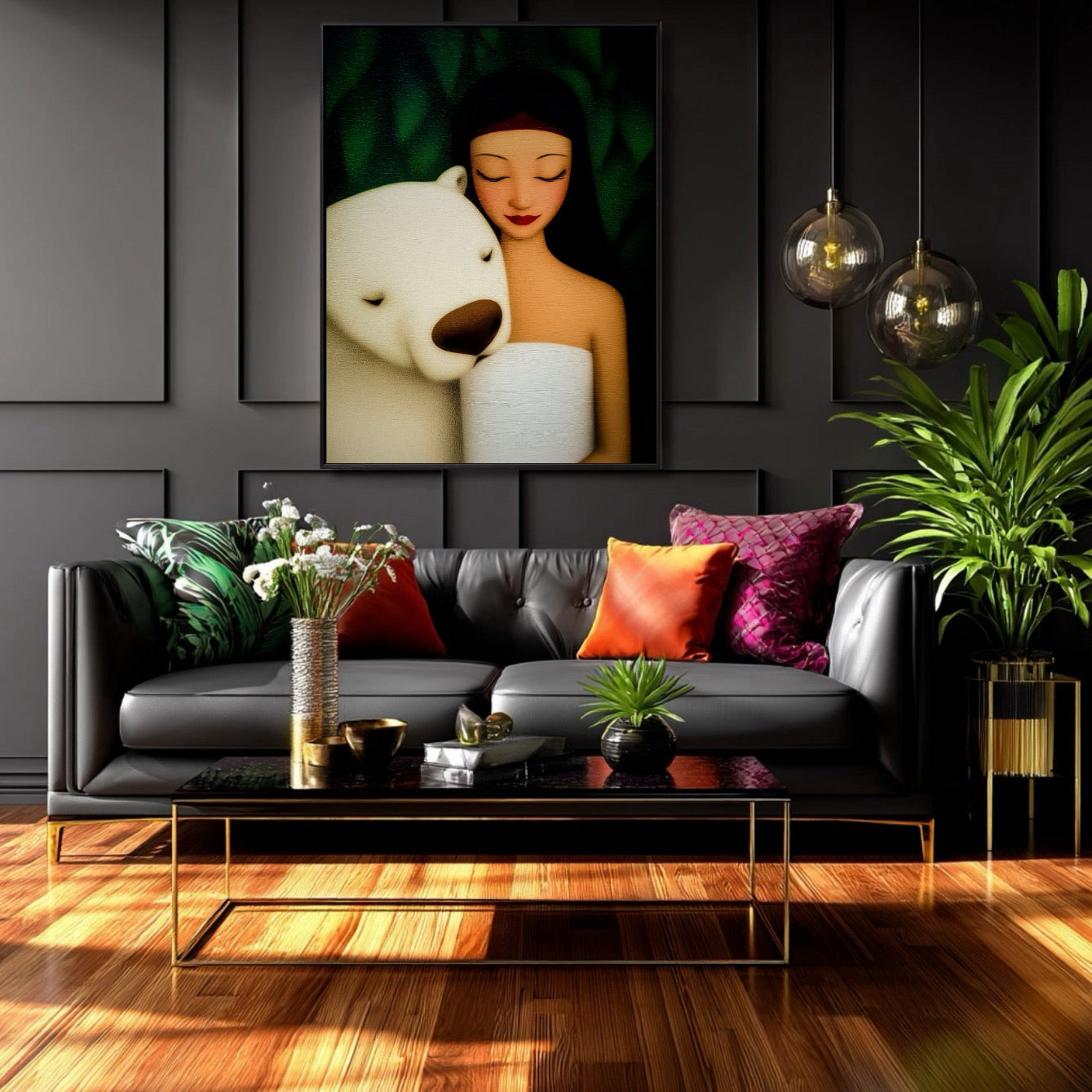 Original oil painting defines a dark, sophisticated interior. Black leather sofa, gold accents, moody paneled walls, and glossy wood floor.