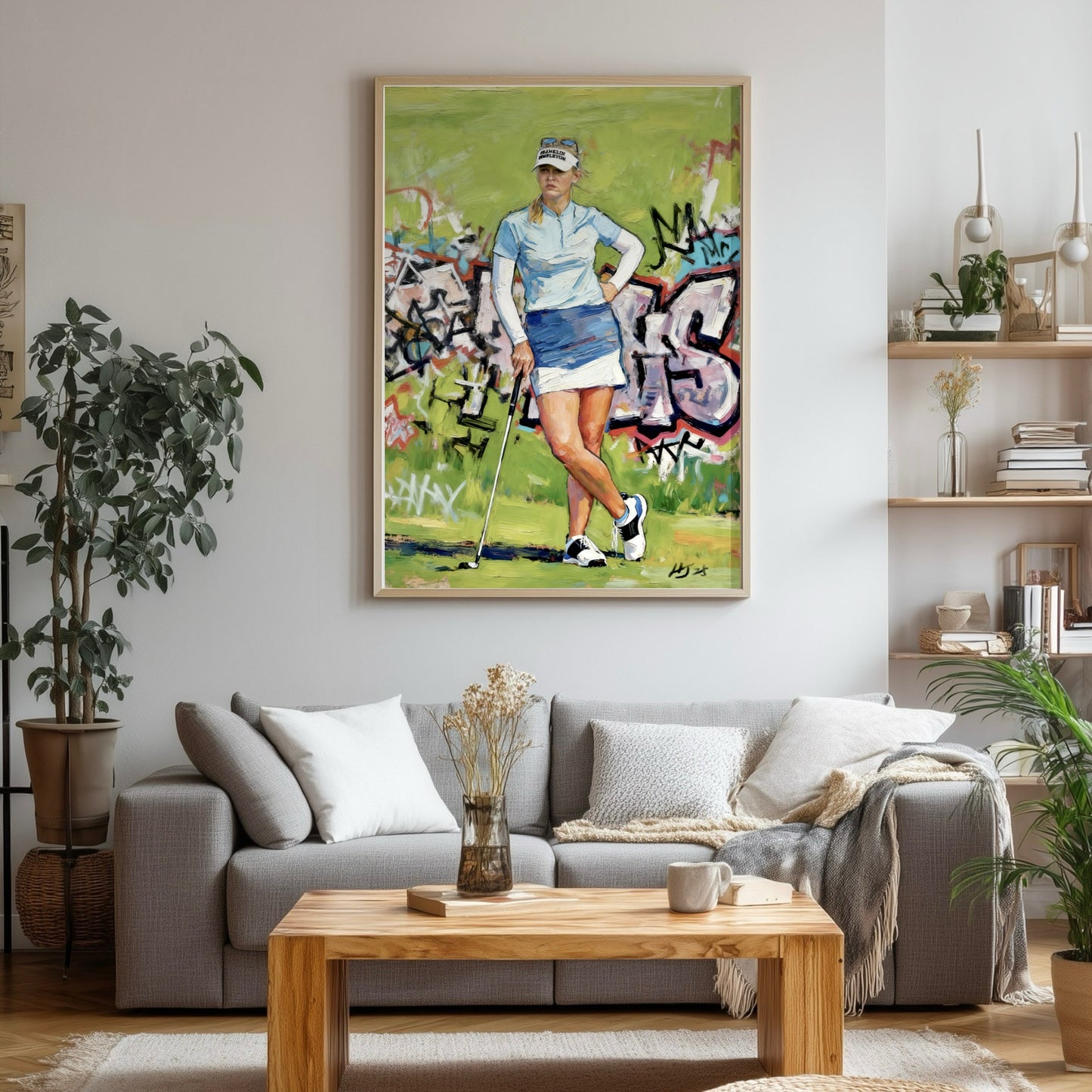 Contemporary golf artwork hanging in a bright boho living room. Cool blue hues enhance the airy space above a grey sofa.