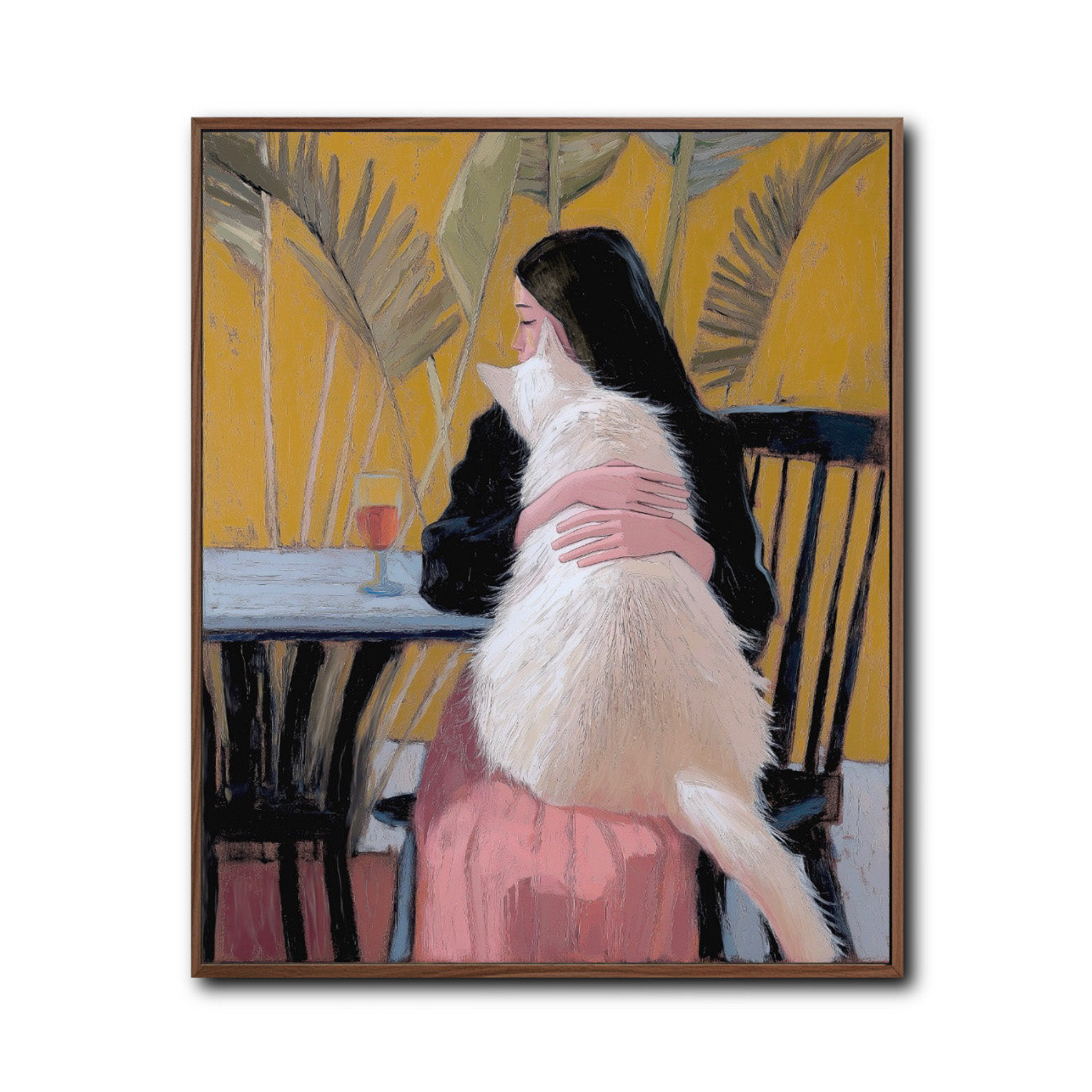Original oil painting: Woman hugging white cat at table. Warm tropical portraiture. Yellow, pink, black modern art for sale.