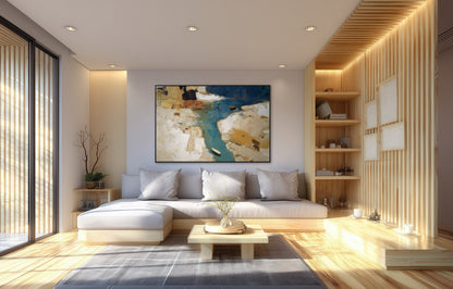 Textured abstract art integrating naturally with vertical wood slats, enhancing the calm flow of the minimalist Japandi living area.