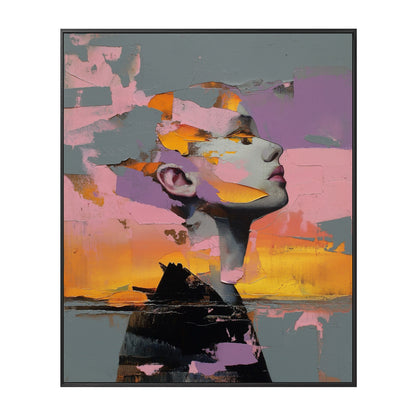 Hand-painted original abstract female portrait. Bold pink, purple, orange, grey oil palette knife texture modern art.