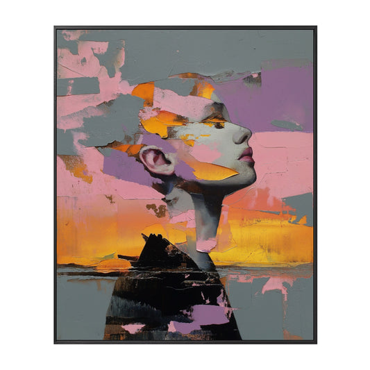 Hand-painted original abstract female portrait. Bold pink, purple, orange, grey oil palette knife texture modern art.