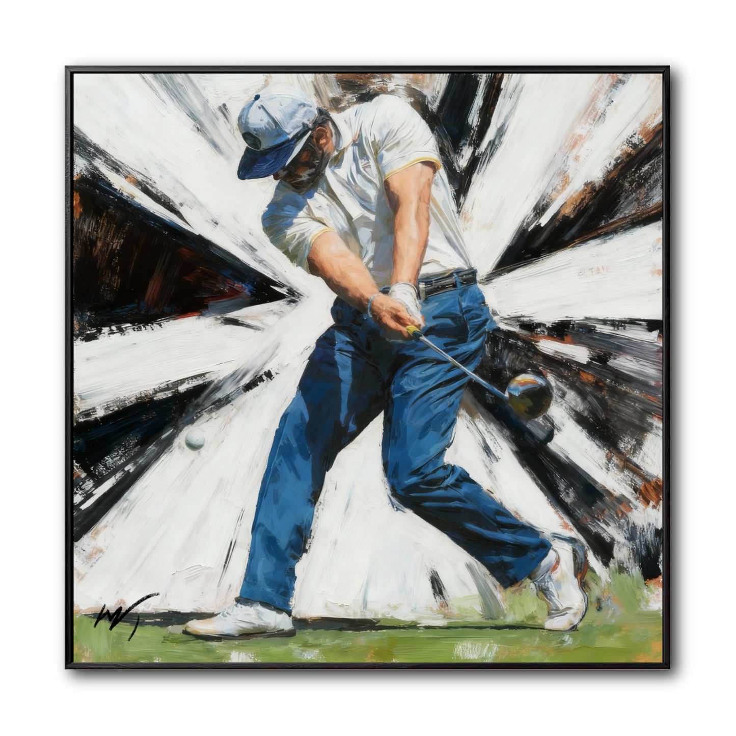 Original framed painting of a male golfer mid-swing. The background is an explosive, abstract pattern of black and white.