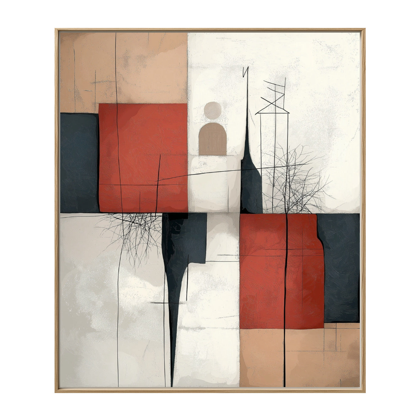 Original abstract geometric painting. Textured red, black, tan, and white blocks. Modern cubist style. Warm/Neutral focus.