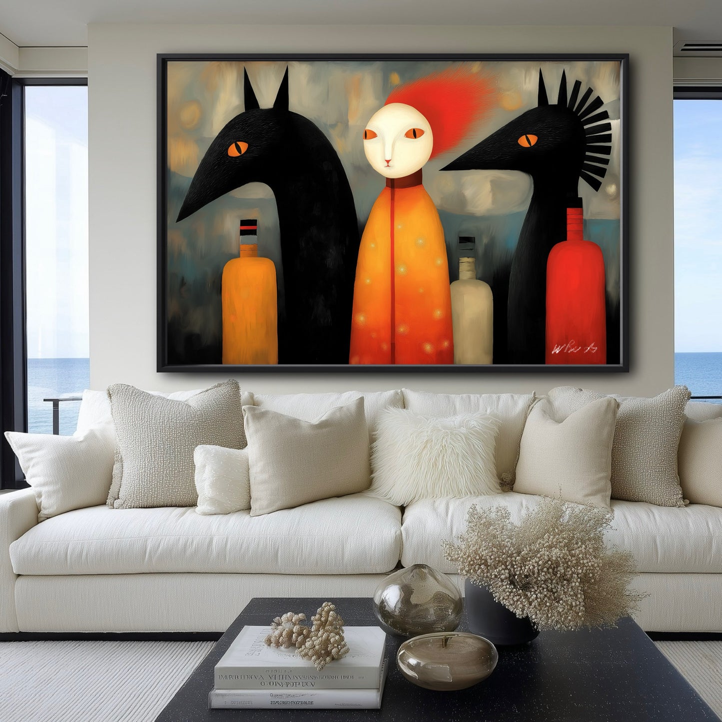 Oversized horizontal artwork anchored above a plush cream sectional, framing the living area against a scenic ocean view.