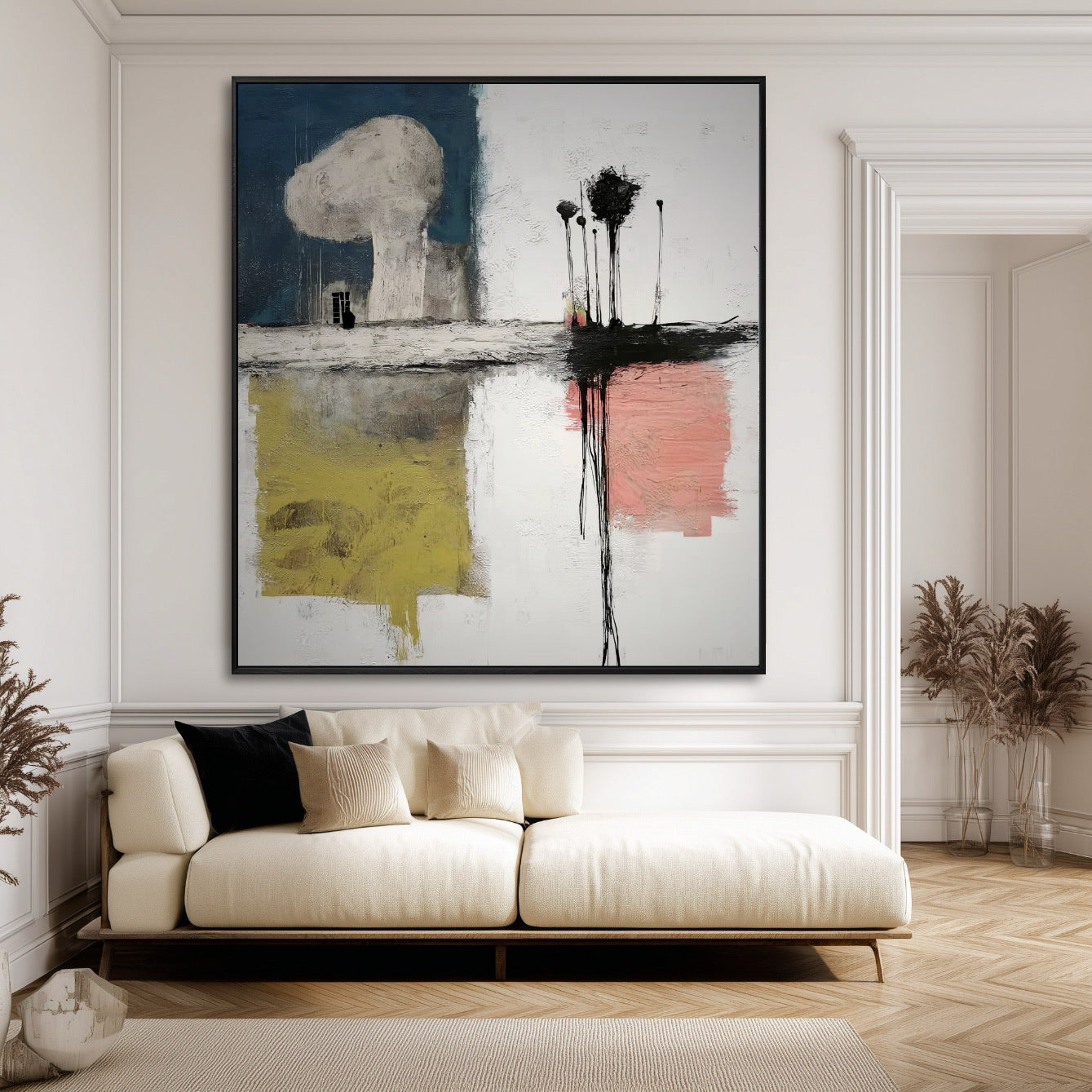 A room pic shows an expressionist deco painting, creating elegant, whimsical, calm, vintage, and futuristic vibes.
