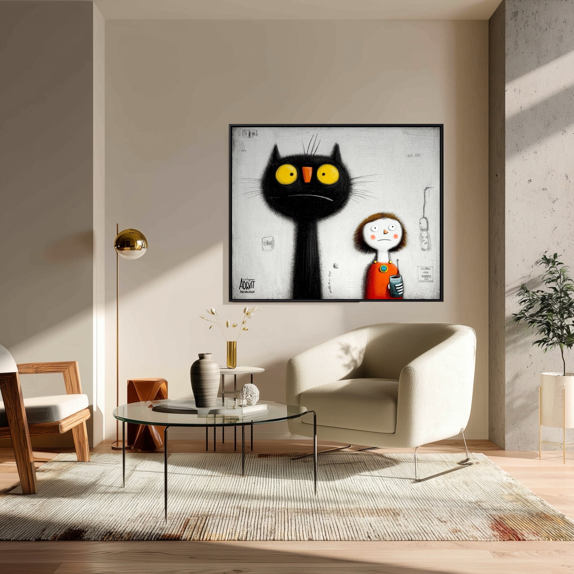 A whimsical black cat painting adds a playful, modern contrast to an elegant living room with a beige armchair and glass coffee table.