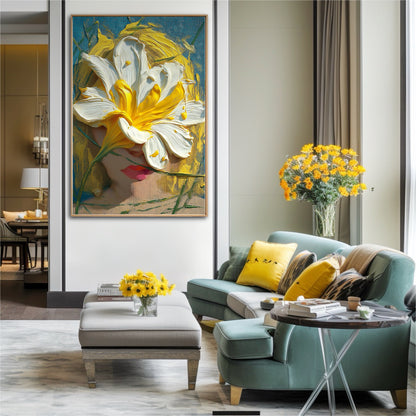 Modern yellow floral portrait completes a stylish mid-century living room. The art coordinates with the mustard sectional sofa and streamlined paneling.