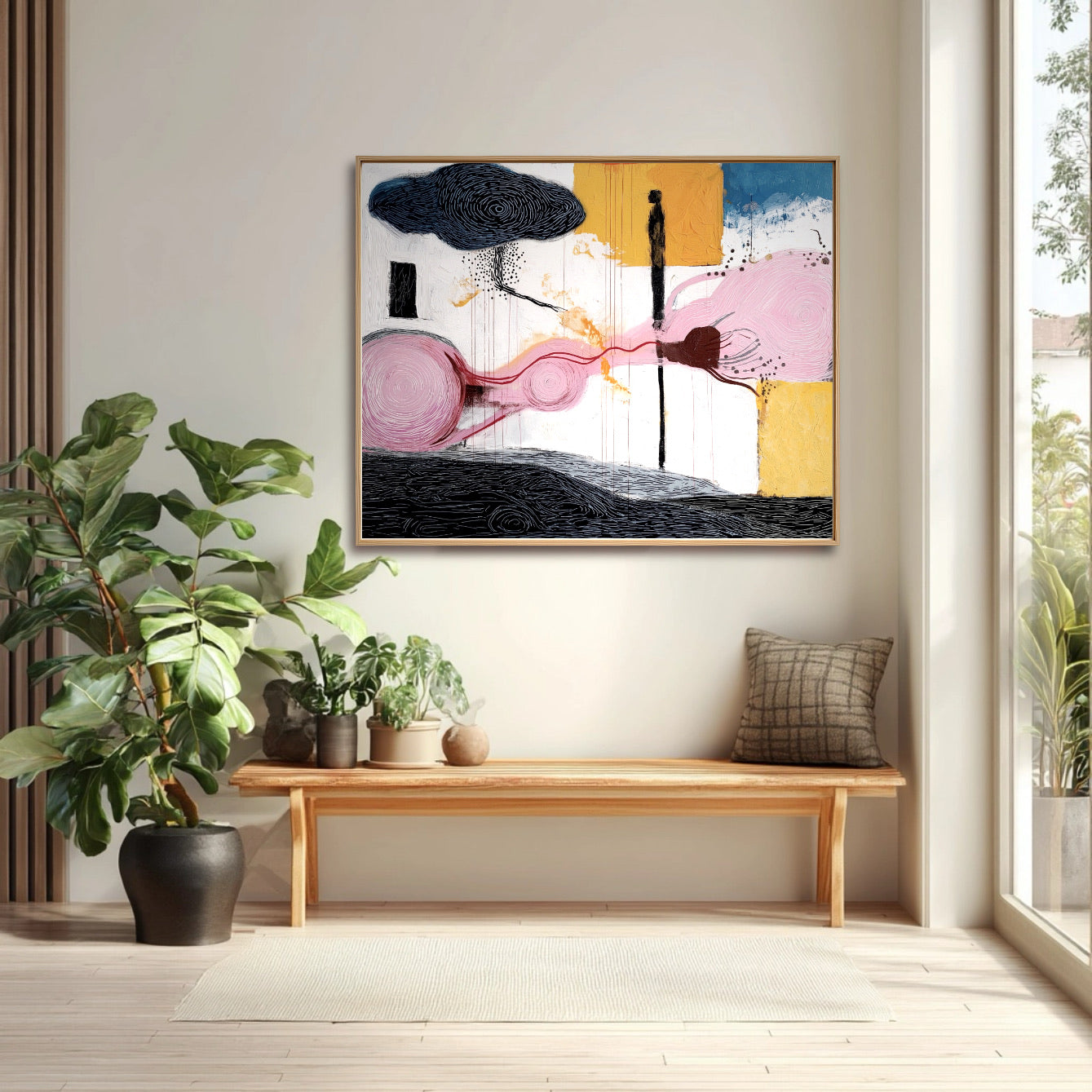 A room pic shows an expressionist deco painting, creating elegant, whimsical, playful, natural, and sophisticated vibes.	