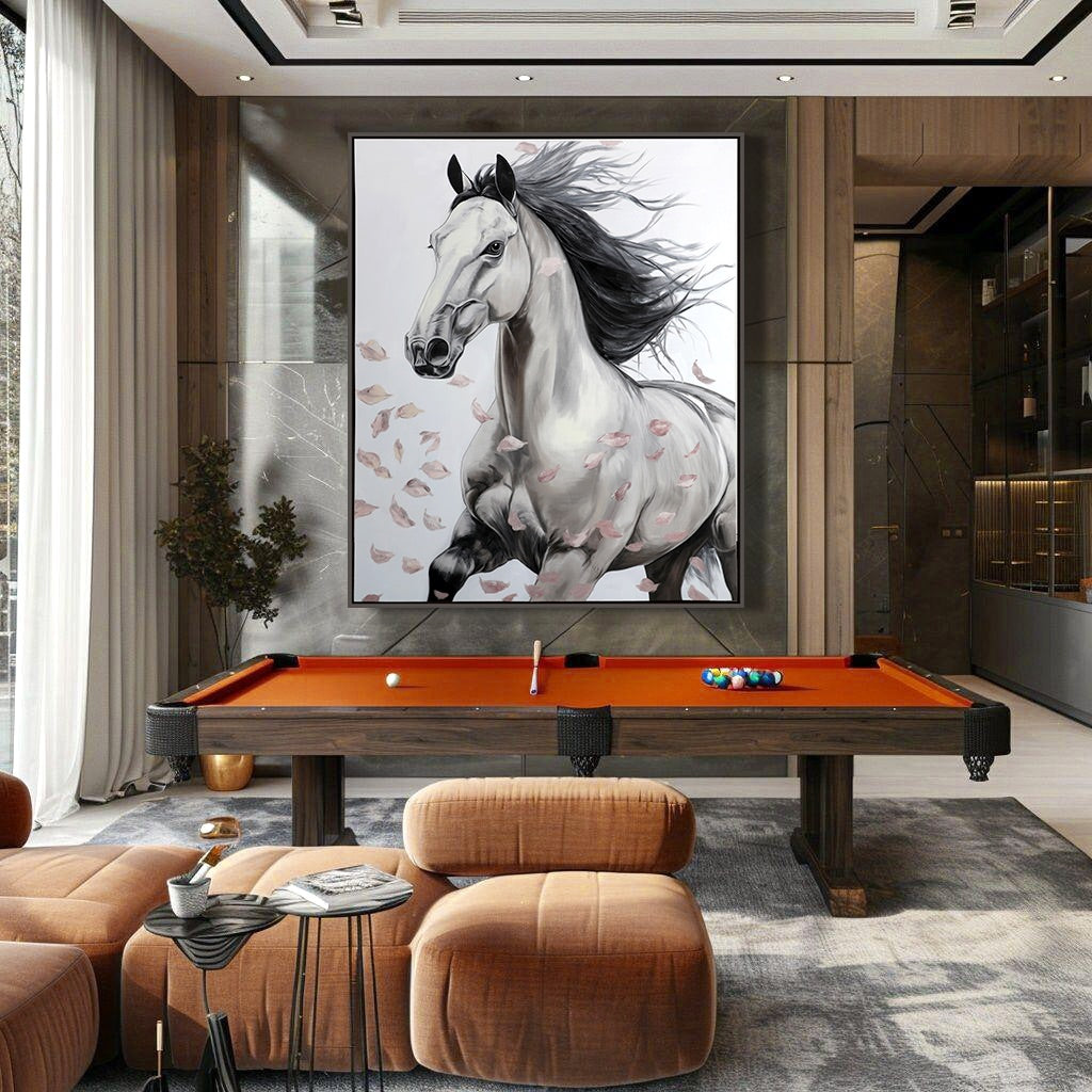 Striking horse painting hangs over a vibrant orange pool table in a sophisticated, wood-paneled game room.