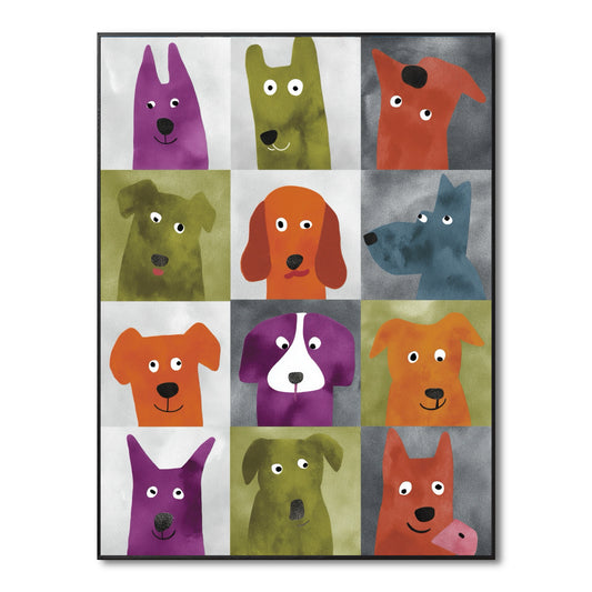 Original pop art print of colorful dog portraits in a grid. Whimsical, modern, and playful vibes with vibrant, mixed tones.