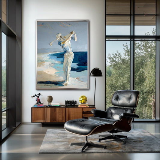Original golf painting in modern lounge. Cool blue art contrasts with black leather chair and wood credenza for a relaxed vibe.