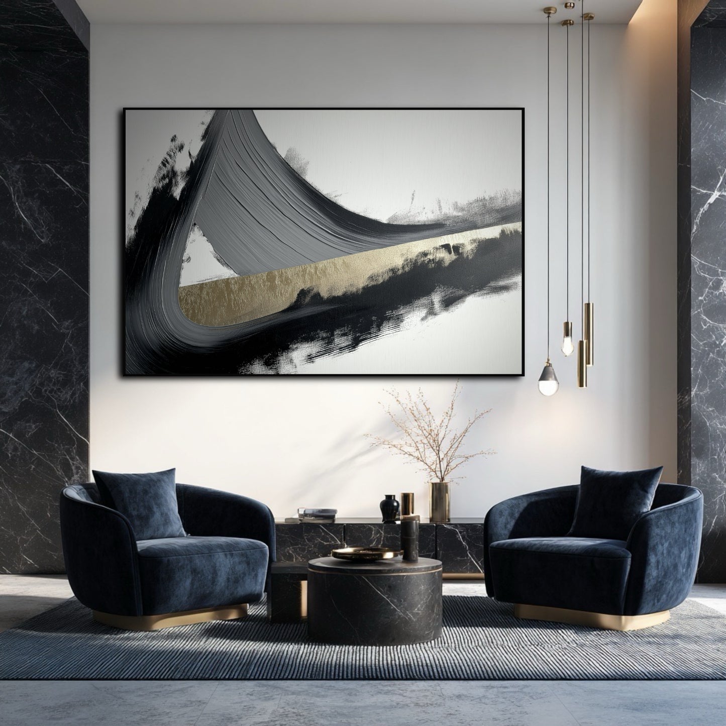 Large calligraphic abstract art on a wall with wood panels above a neutral sofa in a modern Japandi-style living room.
