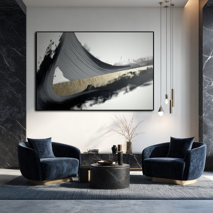 Large calligraphic abstract art on a wall with wood panels above a neutral sofa in a modern Japandi-style living room.
