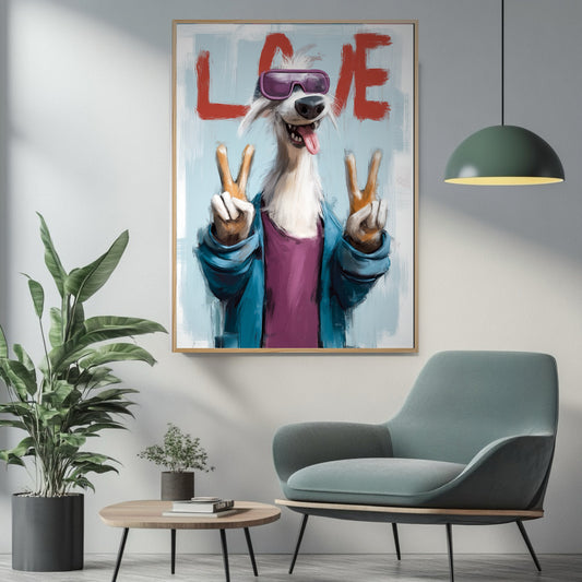 Vibrant dog art adds a cool pop of color above a light blue armchair and wood table. Modern, relaxing, and plant-filled space.