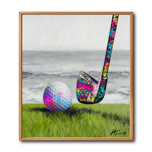 Original graffiti golf oil painting. Colorful street art club and ball on green grass. Modern pop art wall decor.