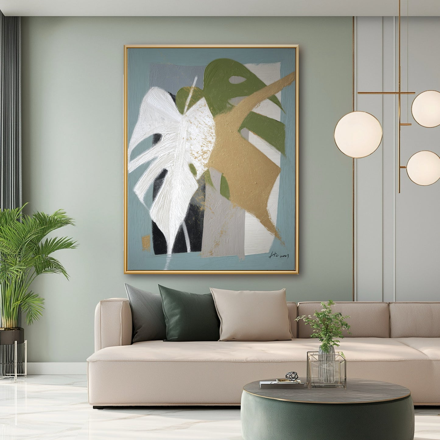 Large textured botanical painting anchoring a luxe living room. Blue and gold tones complement the beige sofa and marble.
