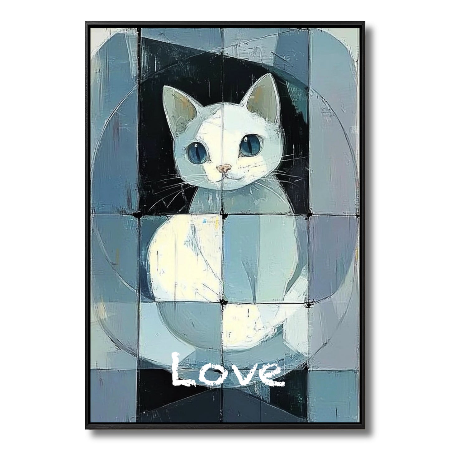 Original modern abstract cat painting with "Love" text. Cool-toned blue and grey geometric blocks create a whimsical, structured vibe.