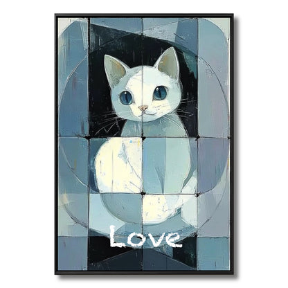 Original modern abstract cat painting with "Love" text. Cool-toned blue and grey geometric blocks create a whimsical, structured vibe.