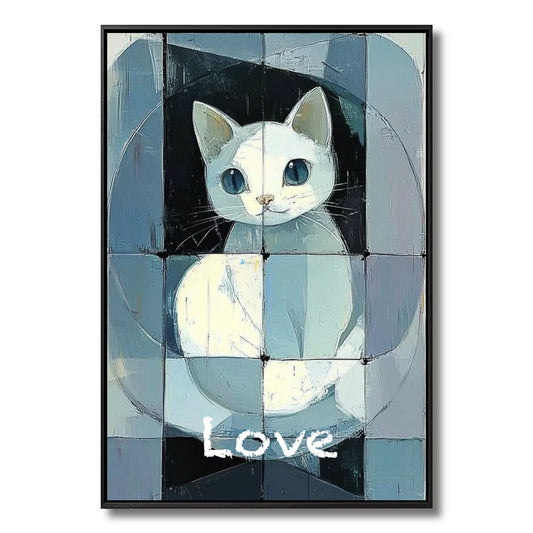 Original modern abstract cat painting with "Love" text. Cool-toned blue and grey geometric blocks create a whimsical, structured vibe.