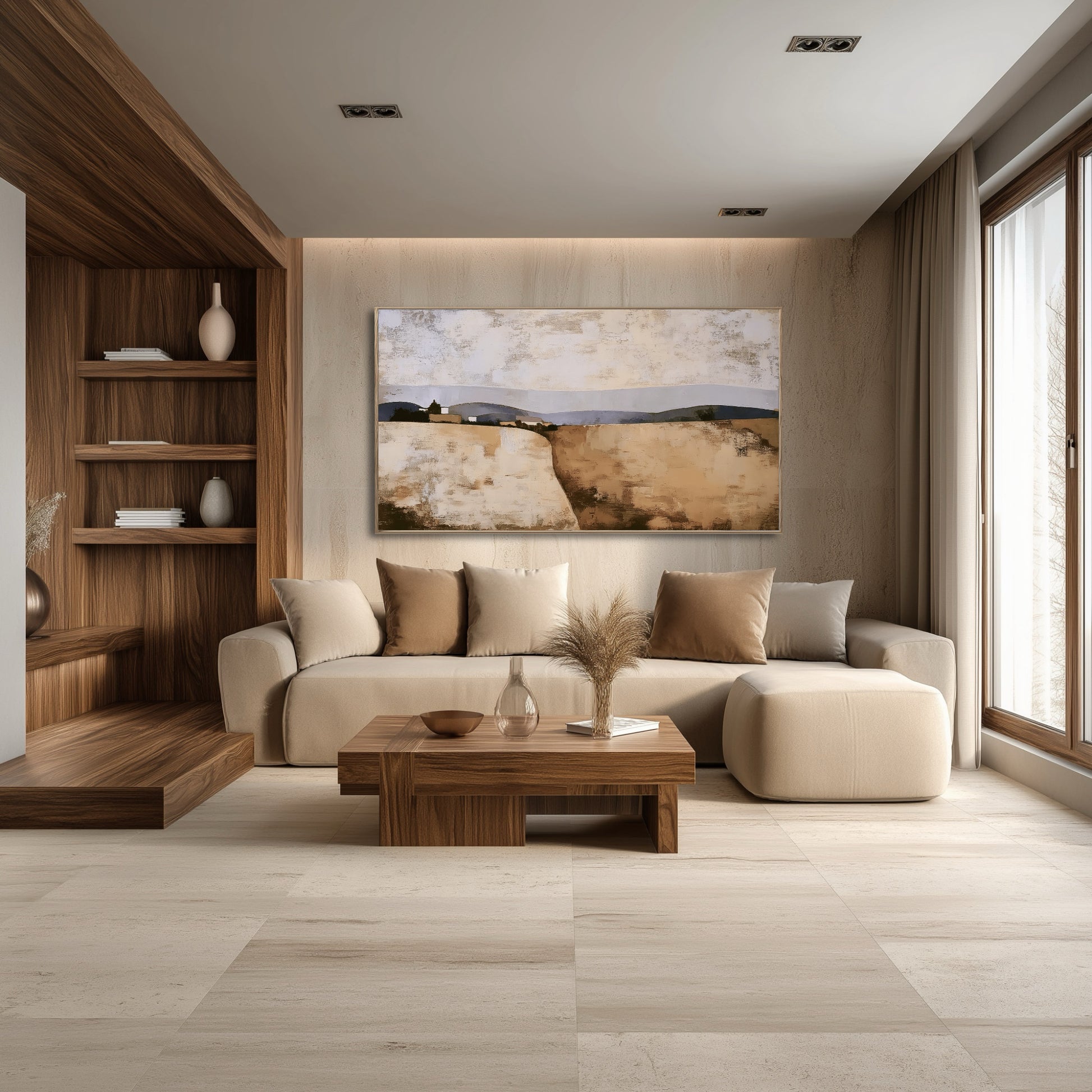 Original abstract landscape art anchors the warm, modern living room with wood shelving and beige sectional sofa.