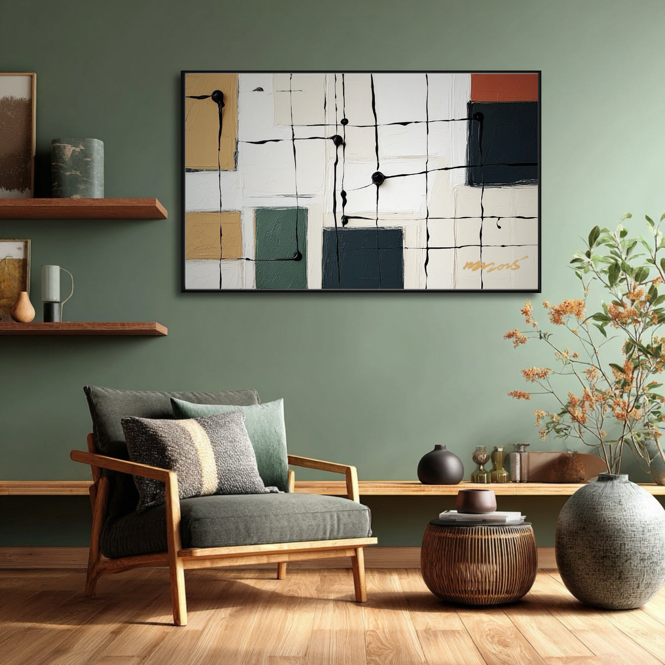 Abstract art contrasting with a deep green wall and plush armchair, providing a vibrant focal point in a cozy, earthy space.