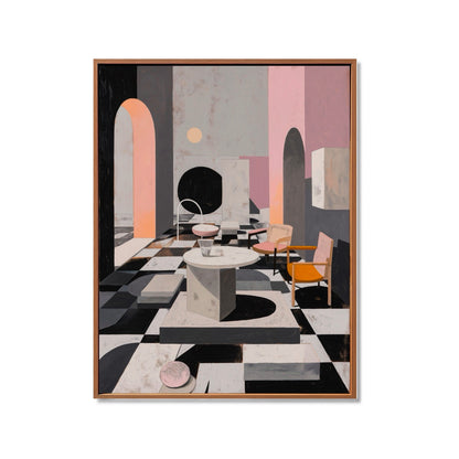 Original hand-painted abstract architectural scene. Checkered style art in black, white, pink, and gray color. Modern geometric theme.