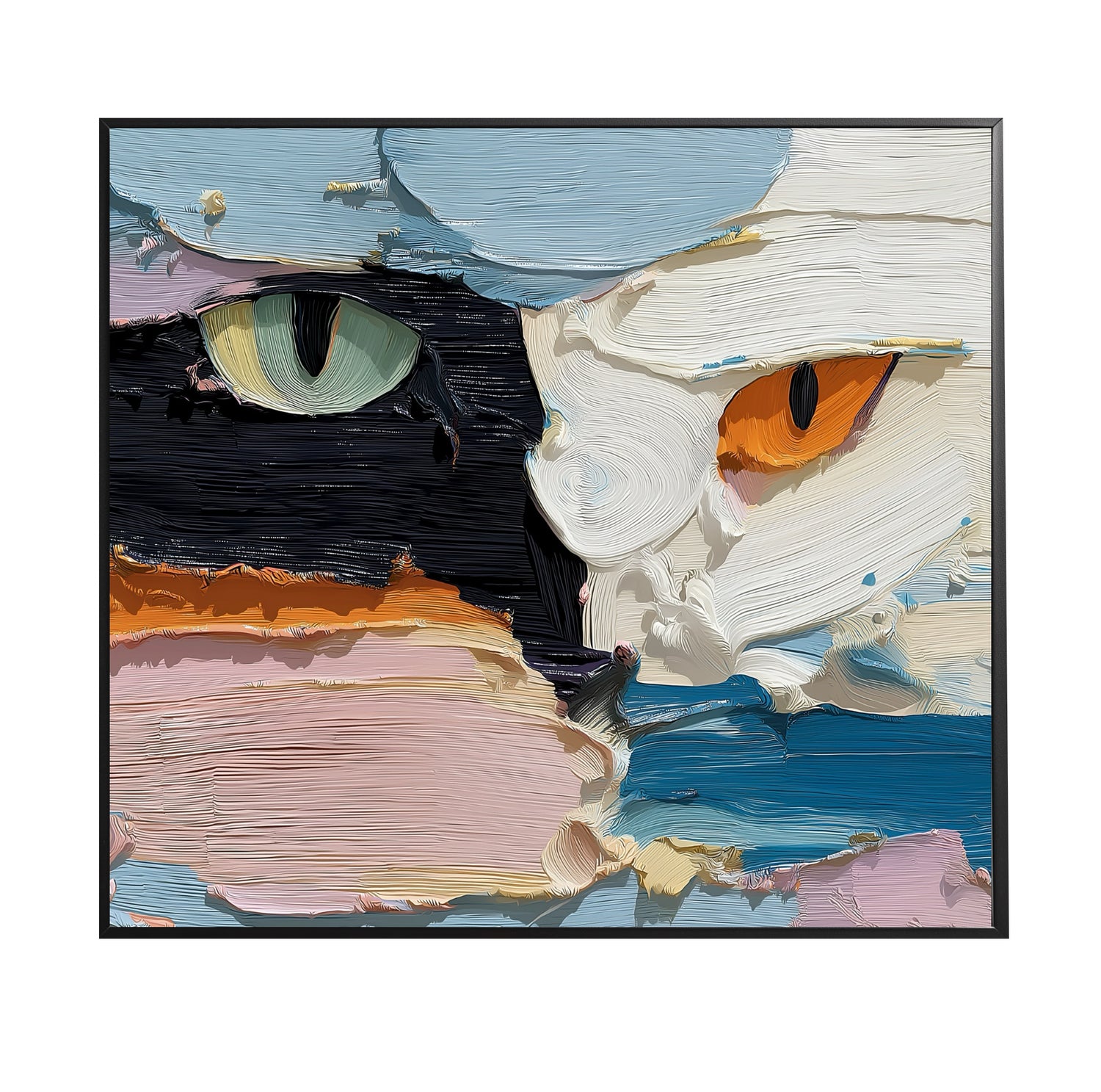 Original abstract impasto cat eye painting, thick texture black and white feline art, modern hand-painted style.