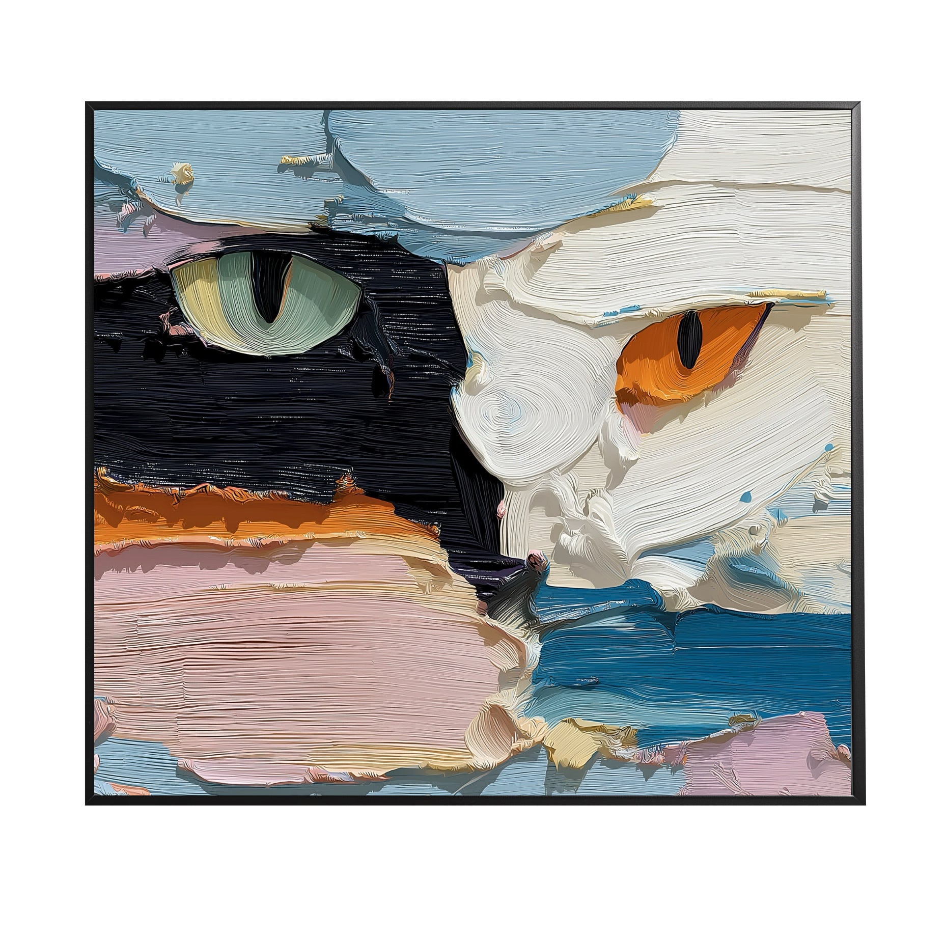 Original abstract impasto cat eye painting, thick texture black and white feline art, modern hand-painted style.