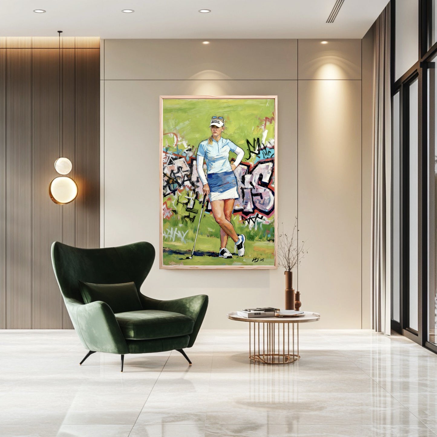 Original urban golf painting in a luxury minimalist lounge. Fresh green art tones match the velvet armchair and marble floor.