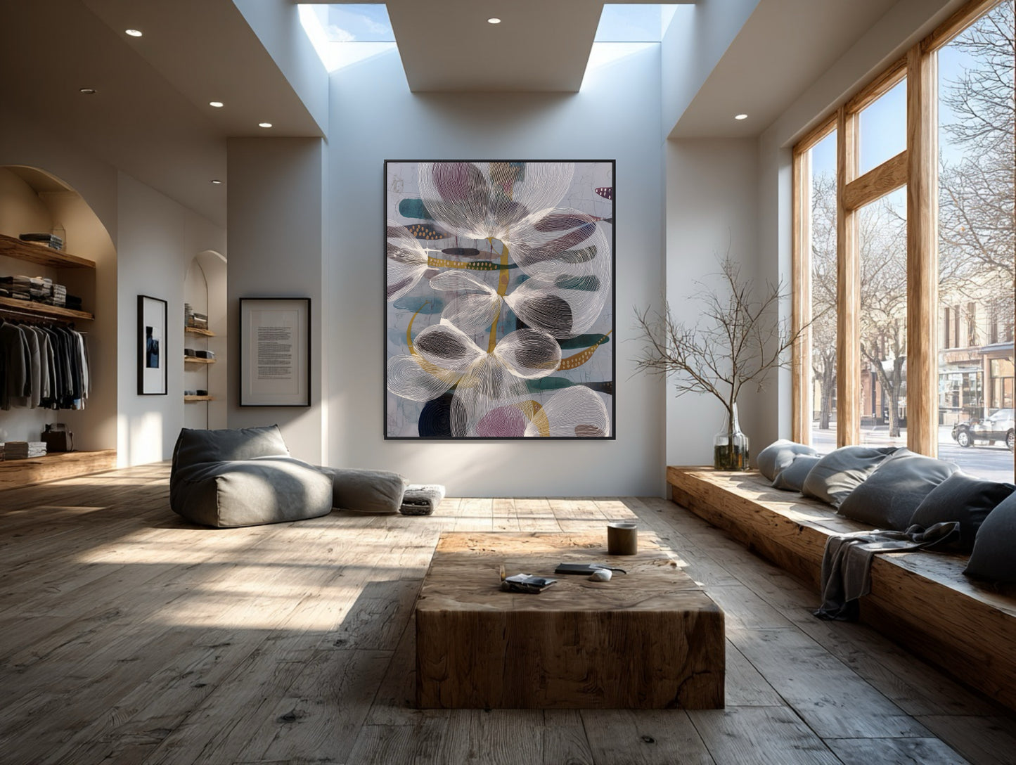 Abstract line-work painting enhances this contemporary space, offering a soft, organic contrast to the room's hard architectural lines.