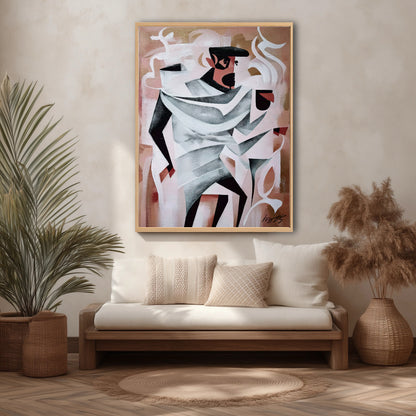 Original abstract art elevates a formal dining room with leather chairs. Warm tones complement the herringbone floor and molding.