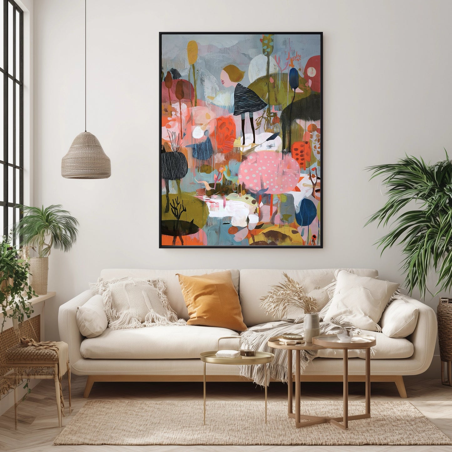 Statement original figurative painting creating a lively, bohemian focal point over the light-toned sofa and woven textures.