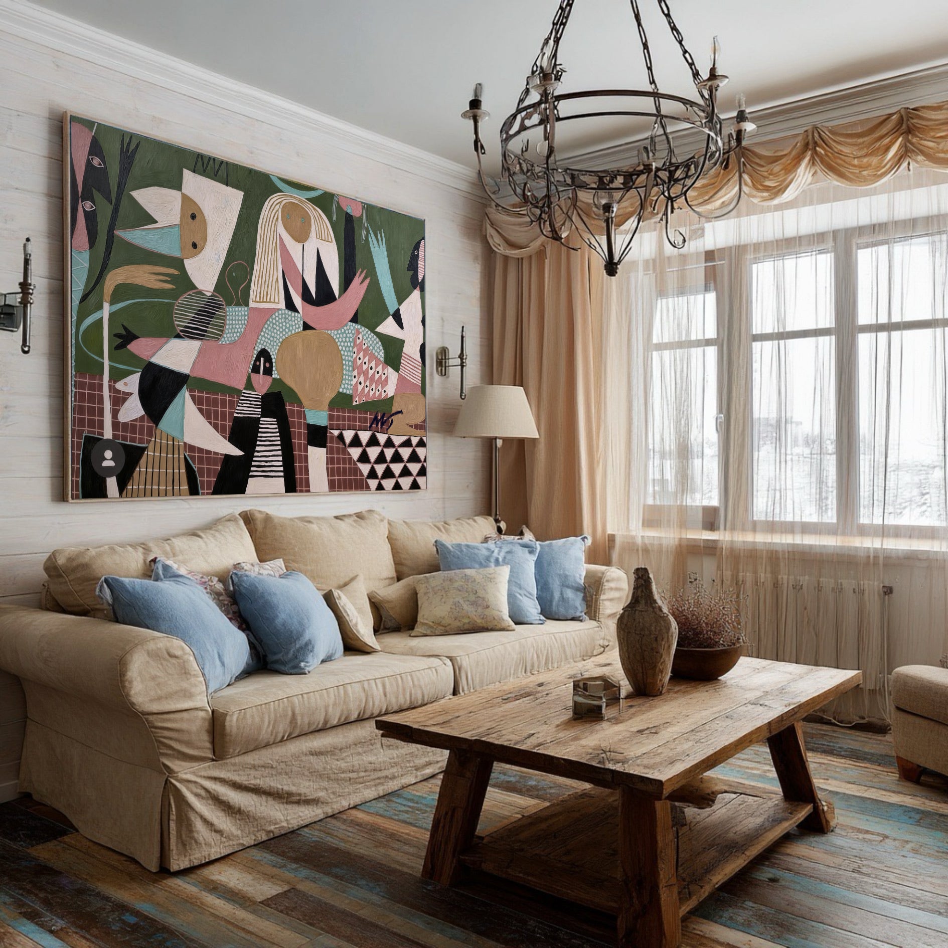 The modern abstract artwork adds an unexpected, contemporary statement to a rustic farmhouse room with a beige sofa and wood table.
