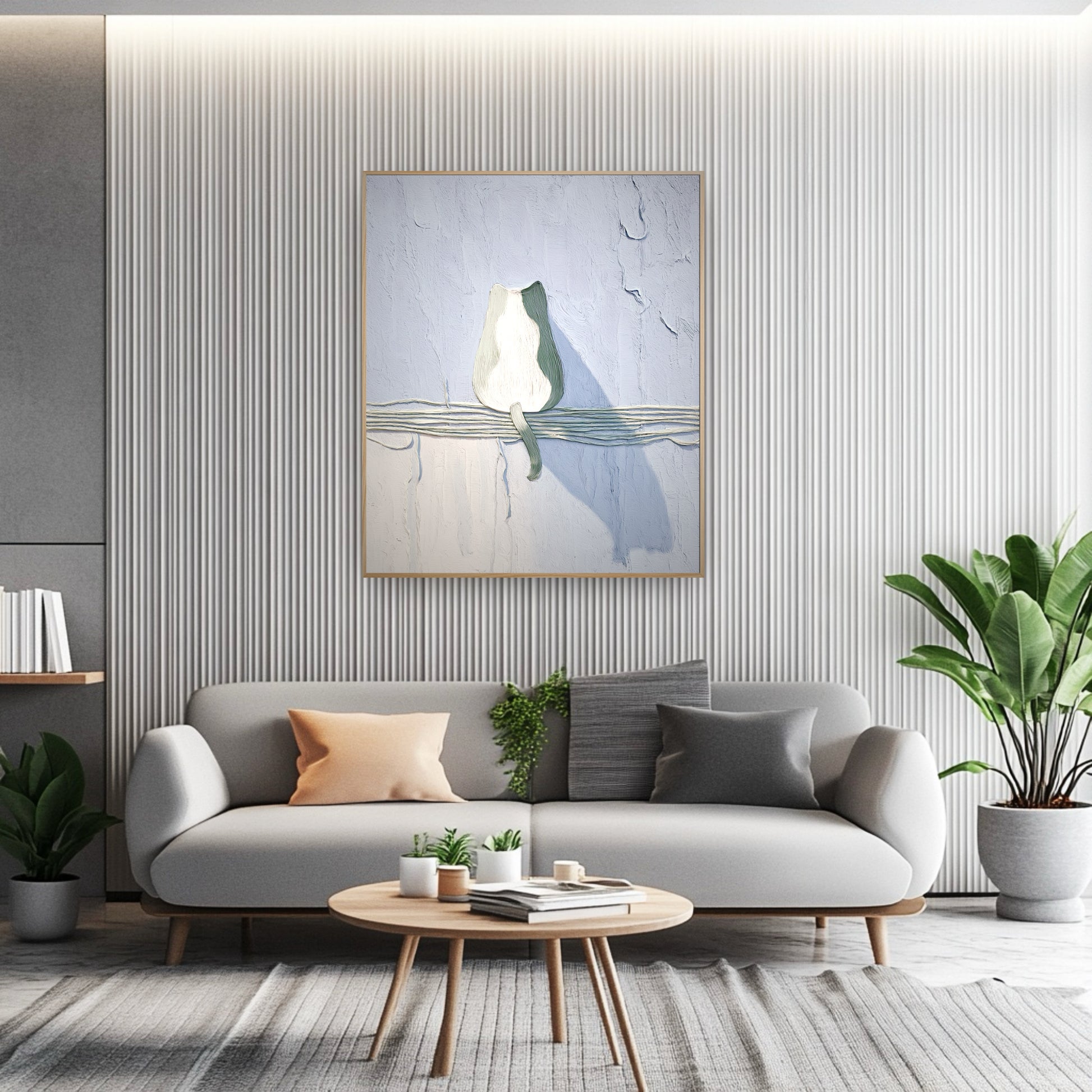 Original textured cat art provides a cool focal point against a ribbed accent wall in a minimalist, gray-toned contemporary living room.