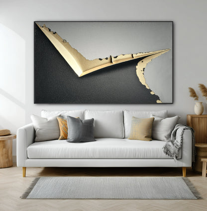 Large 3D-effect abstract art with black and gold hanging over a modern white sofa in a contemporary living room.