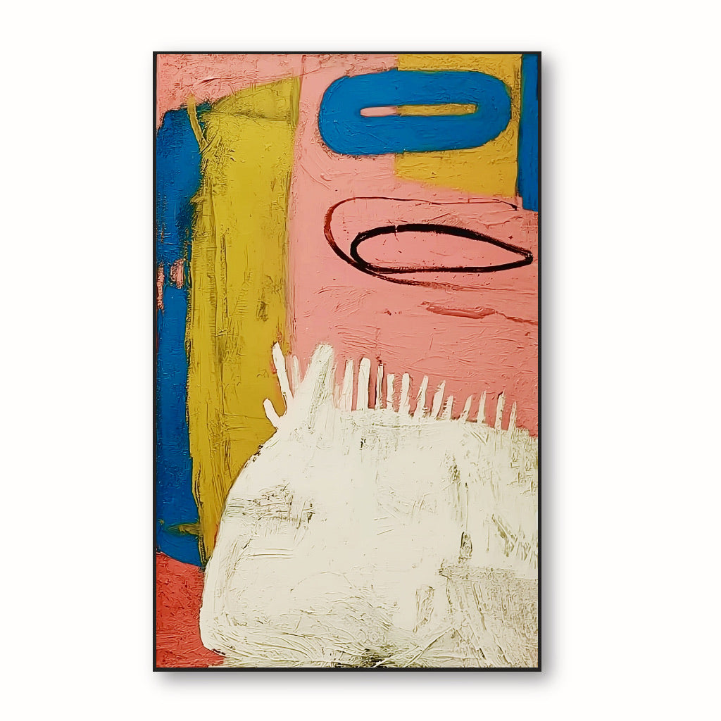 Original vertical abstract expressionist painting featuring thick pink, yellow, and blue paint layers with graphic shapes. Warm tone.